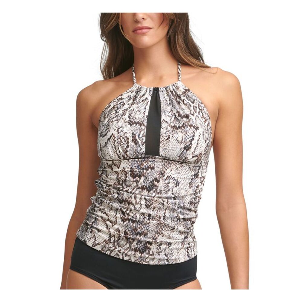 CALVIN KLEIN Women's Beige Snake Print Mesh Tie Halter Tankini Top M